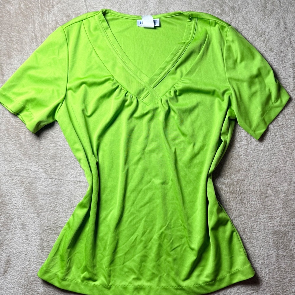 Blair Women Lime Green V-Neck Ruched Short Sleeve Top Size Small Summer